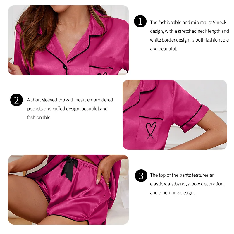 Women's Pajamas Lounge Set Heart Embroidered Pocket Patched Sleepwear Button Down Short Sleeve Top & Shorts Pyjama Home Clothing - Image 4