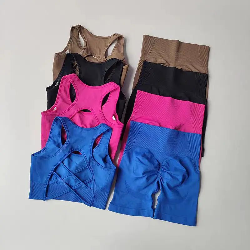 2 PCS Women's Seamless Yoga Set Sexy Sport Bra And High Waist Sports Shorts Fitness Gym Clothing Sleeveless Workout Suit - Image 3