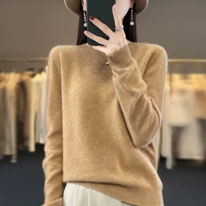 100% Merino Wool Sweater Women O-neck Cashmere Knitwear Female Pullover Autumn Winter Casual Tops Solid Color Soft Clothing