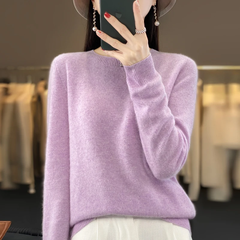 100% Merino Wool Sweater Women O-neck Cashmere Knitwear Female Pullover Autumn Winter Casual Tops Solid Color Soft Clothing - Image 3