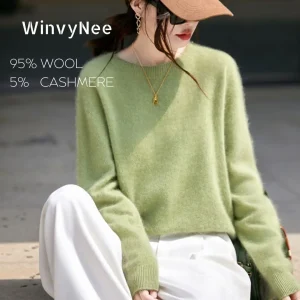 WinvyNee Women's Clothing Brushed Wool O Neck Pink Causal Sweaters Soft Solid Knitted Tops Pullovers Jumpers Winter A1713001