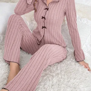 2-Piece Women's Autumn and Winter Pure Color Elegant Bow Women's Simple Long-Sleeved Pants Pajama Set Leisure home clothing